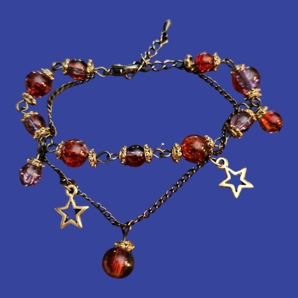 Antique Brass Red Glass Beaded Chain Star Charms Holiday Bracelet